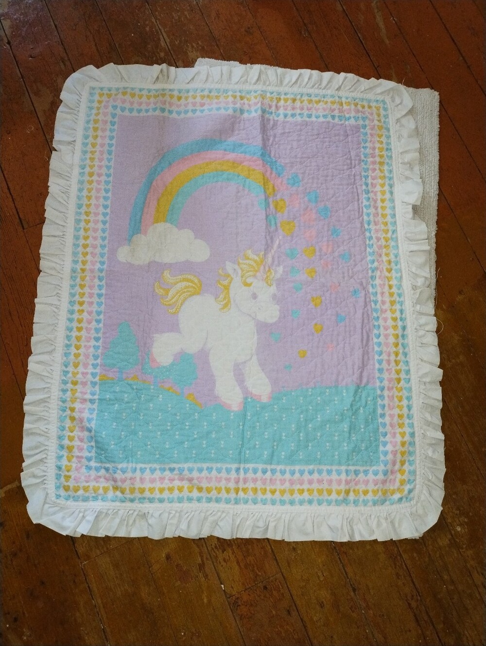 Vintage 1980s Unicorn Rainbow Hearts Baby Blanket Comforter 47" x 38"